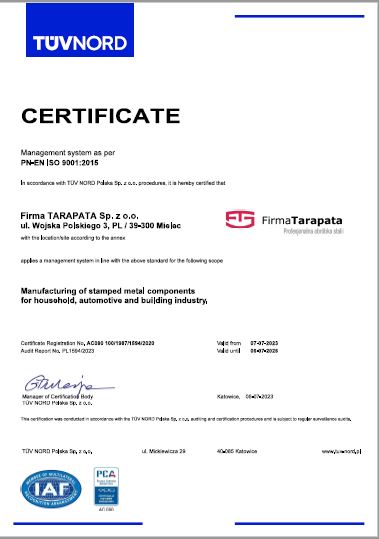 Certyficate ISO 9001 2015